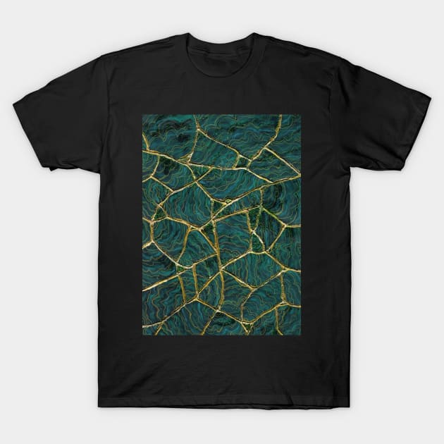 Malachite Kintsugi Broken Art Green and Gold T-Shirt by ArtisticEnvironments